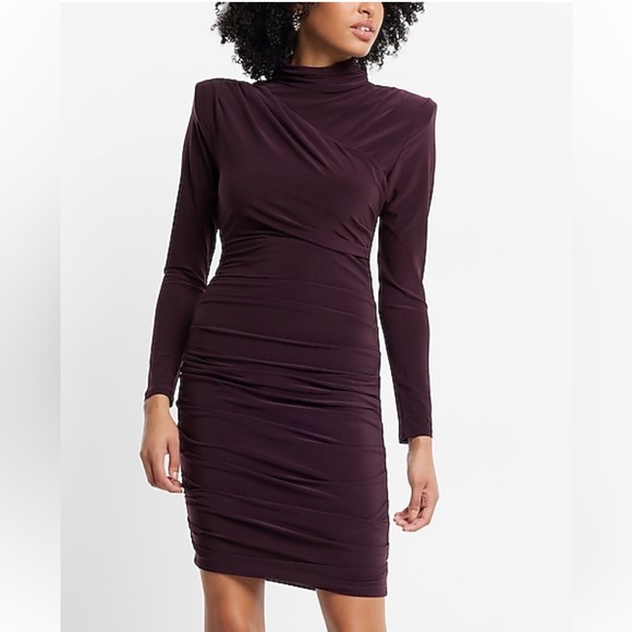 Express Ruched Mock Neck Strong Shoulder Back Cutout Mini Purple Dress Small - Picture 8 of 9